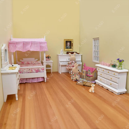 1:12 Scale Wooden Dollhouse Furniture Pink Bedroom Set With Piano Miniature Dollhouse Accessories For Girls