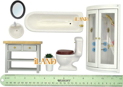 1:12 Scale Modern Bathroom Set Miniature Dollhouse Furniture With Ceramic Toilet Bathtub Wooden Cabinet Sink Accessories