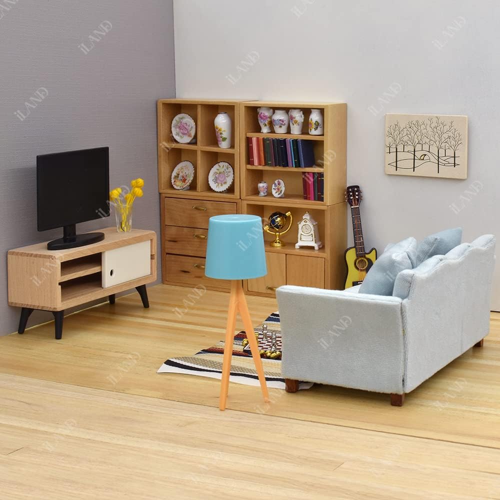 1:12 Scale Modern Miniature Sofa Dollhouse Furniture For Living Room Light Sky Blue Velvet