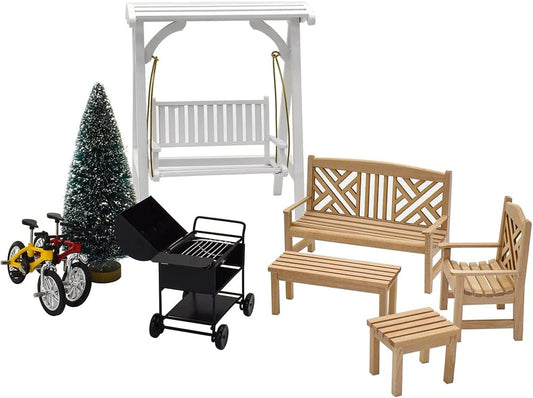 1:12 Scale Miniature Dollhouse Furniture Set With Swing Patio Table Chairs And Charcoal Grill For Fairy Garden Decor