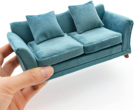 1:12 Scale Modern Miniature Sofa Dollhouse Furniture For Living Room Turquoise Blue Velvet