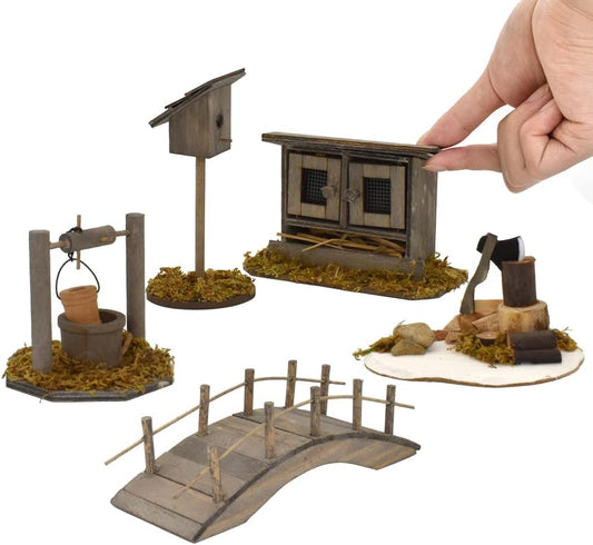 1:12 Scale Dollhouse Farm Set With Wooden Wishing Well Ax Firewood Chicken Coop Birdhouse Mini Bridge Miniature Furniture For Nativity Scene