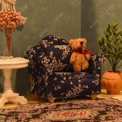 1:12 Scale Wooden Cabinet Miniature Dollhouse Furniture For Living Room With Sofa Pillow End Table And Rug Blue White Floral Armchairs Set