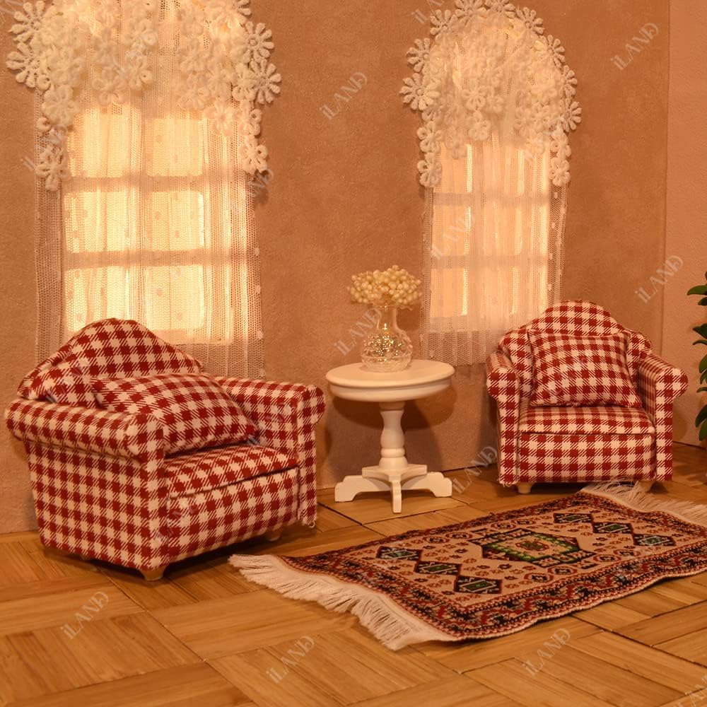 1:12 Scale Wooden Cabinet Miniature Dollhouse Furniture For Living Room With Sofa Pillow End Table And Rug Red White Gingham Armchairs Set