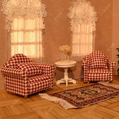 1:12 Scale Wooden Cabinet Miniature Dollhouse Furniture For Living Room With Sofa Pillow End Table And Rug Red White Gingham Armchairs Set