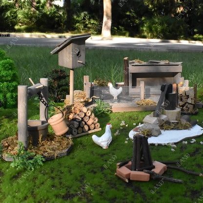1:12 Scale Dollhouse Farm Set With Wooden Wishing Well Ax Firewood Chicken Coop Birdhouse Mini Bridge Miniature Furniture For Nativity Scene