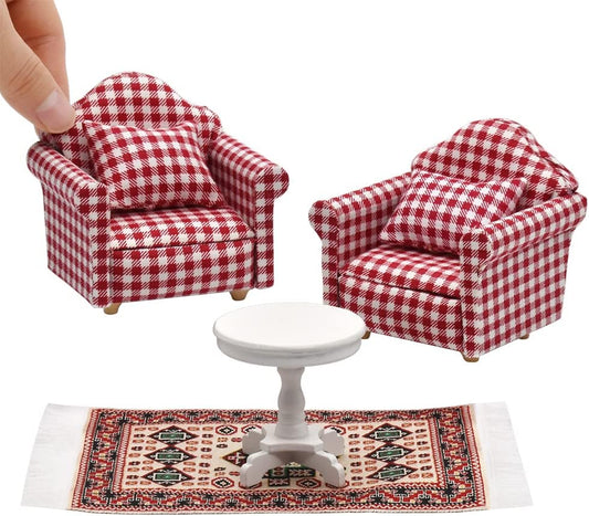 1:12 Scale Wooden Cabinet Miniature Dollhouse Furniture For Living Room With Sofa Pillow End Table And Rug Red White Gingham Armchairs Set