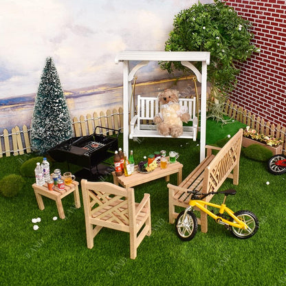 1:12 Scale Miniature Dollhouse Furniture Set With Swing Patio Table Chairs And Charcoal Grill For Fairy Garden Decor