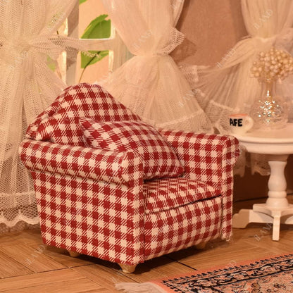 1:12 Scale Wooden Cabinet Miniature Dollhouse Furniture For Living Room With Sofa Pillow End Table And Rug Red White Gingham Armchairs Set