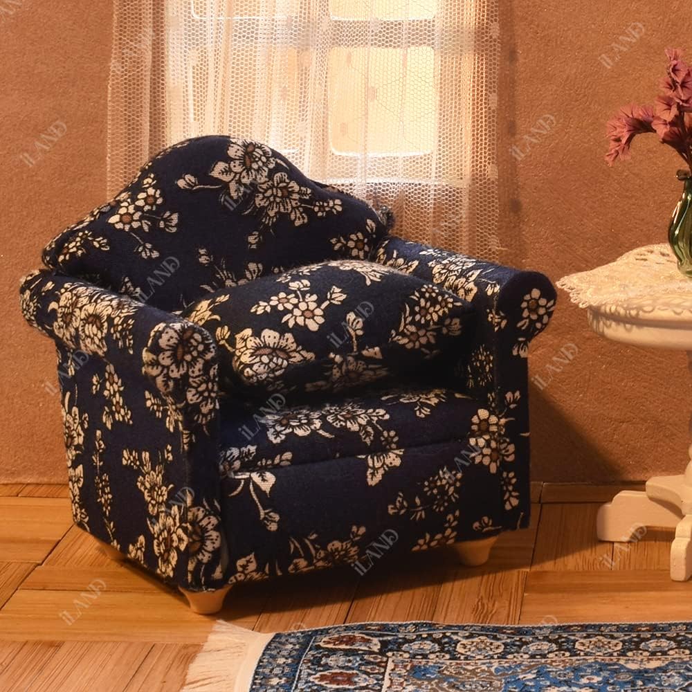 1:12 Scale Wooden Cabinet Miniature Dollhouse Furniture For Living Room With Sofa Pillow End Table And Rug Blue White Floral Armchairs Set