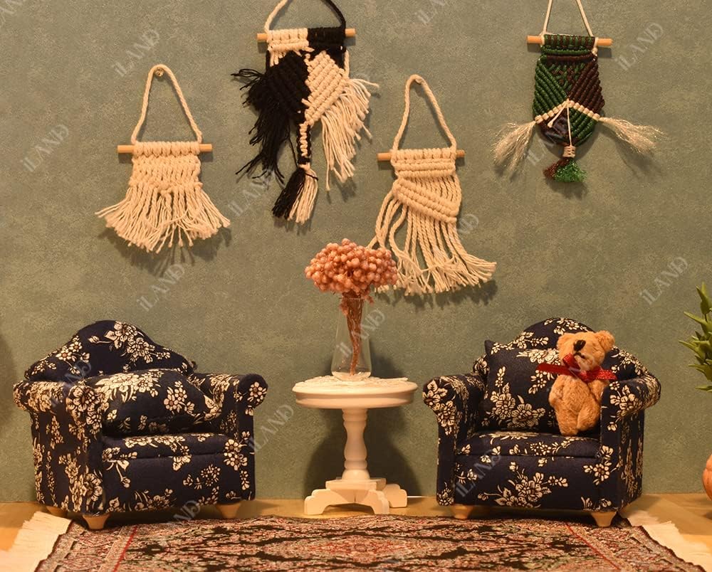 1:12 Scale Wooden Cabinet Miniature Dollhouse Furniture For Living Room With Sofa Pillow End Table And Rug Blue White Floral Armchairs Set