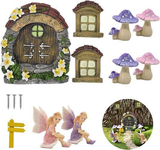 1:12 Scale Miniature Fairy Garden Accessories Fairy House Door And Windows For Trees Glow In Dark Yellow Flower Style