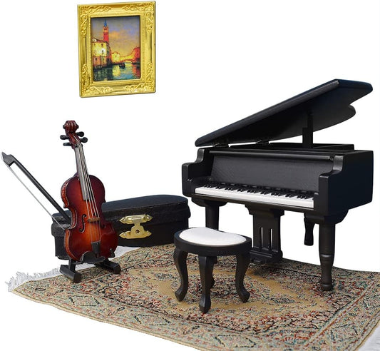 1:12 Scale Miniature Piano Music Box And Violin Dollhouse Accessories Romantic Gift For Musicians Miniature Furniture Classic Castle In The Sky