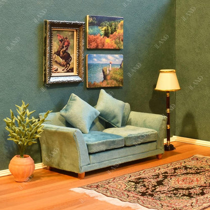 1:12 Scale Modern Miniature Sofa Dollhouse Furniture For Living Room Turquoise Blue Velvet