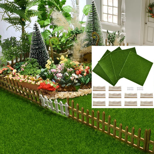 1:12 Scale Miniature Fairy Garden Artificial Grass 4 Sheets 11.8"x 11.8" With 10 Miniature Fences 2 Fence Doors 1 Sign Fake Grass For Crafts Dollhouse Garden