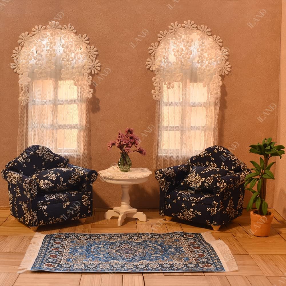 1:12 Scale Wooden Cabinet Miniature Dollhouse Furniture For Living Room With Sofa Pillow End Table And Rug Blue White Floral Armchairs Set