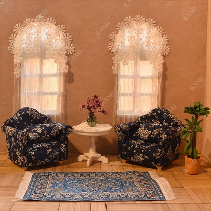 1:12 Scale Wooden Cabinet Miniature Dollhouse Furniture For Living Room With Sofa Pillow End Table And Rug Blue White Floral Armchairs Set