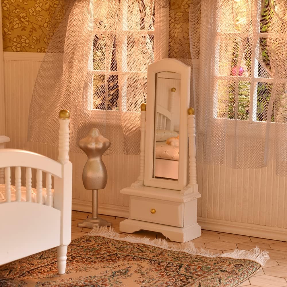 1:12 Scale Vintage Dollhouse Bedroom Furniture Set With Bed Mirror Wardrobe Bedside Table Rocking Chair And Rug Miniature Dollhouse Accessories White Gold