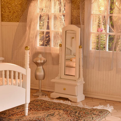 1:12 Scale Vintage Dollhouse Bedroom Furniture Set With Bed Mirror Wardrobe Bedside Table Rocking Chair And Rug Miniature Dollhouse Accessories White Gold