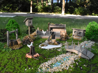 1:12 Scale Dollhouse Farm Set With Wooden Wishing Well Ax Firewood Chicken Coop Birdhouse Mini Bridge Miniature Furniture For Nativity Scene