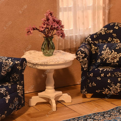 1:12 Scale Wooden Cabinet Miniature Dollhouse Furniture For Living Room With Sofa Pillow End Table And Rug Blue White Floral Armchairs Set