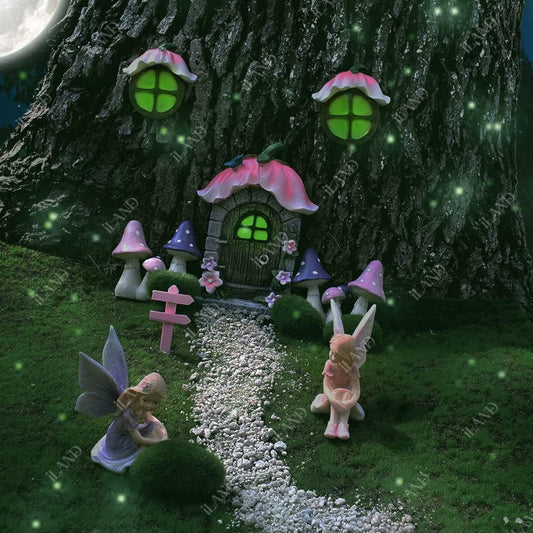 1:12 Scale Miniature Fairy Garden Accessories House With Glow In Dark Door And Windows For Trees Pink Petal Style