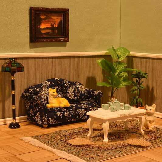 1:12 Scale Dollhouse Living Room Sofa And Couch Set Blue White Floral Miniature Furniture