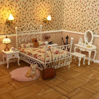 1:12 Scale Victorian Dollhouse Bedroom Furniture Set 5Pcs Miniature Metal Bed Side Table Vanity Mirror Miniature Dollhouse Accessories