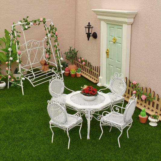 1:12 Scale Miniature Garden Furniture Set With Swing Table Chairs And Rose Vines For Dollhouse Outdoor Decor