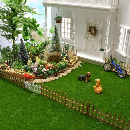 1:12 Scale Miniature Fairy Garden Artificial Grass 4 Sheets 11.8"x 11.8" With 10 Miniature Fences 2 Fence Doors 1 Sign Fake Grass For Crafts Dollhouse Garden