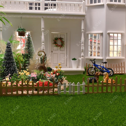 1:12 Scale Miniature Fairy Garden Artificial Grass 4 Sheets 11.8"x 11.8" With 10 Miniature Fences 2 Fence Doors 1 Sign Fake Grass For Crafts Dollhouse Garden