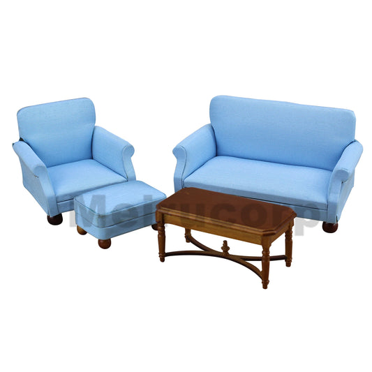 Sofá de tela y madera en miniatura a escala 1:12, sillas, mesa de té, otomana, muebles para casa de muñecas, juego de sala de estar