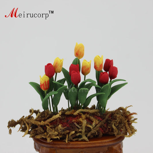 Casa de muñecas en miniatura a escala 1:12, modelo de decoración de jardín de tulipanes