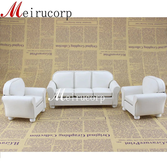 Juego de 3 sofás y sillas de cuero blanco en miniatura a escala 1:12, muebles para casa de muñecas, decoración para sala de estar
