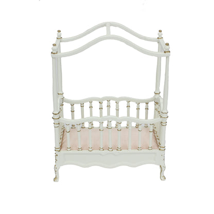 Cama de bebé en miniatura blanca pintada a mano en dorado, muebles para casa de muñecas a escala 1:12