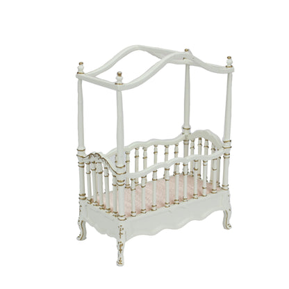 Cama de bebé en miniatura blanca pintada a mano en dorado, muebles para casa de muñecas a escala 1:12