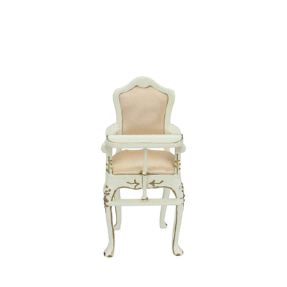 Silla de comedor de madera blanca para bebé, escala 1:12, con tela color albaricoque, muebles de casa de muñecas en miniatura para sala de juegos.