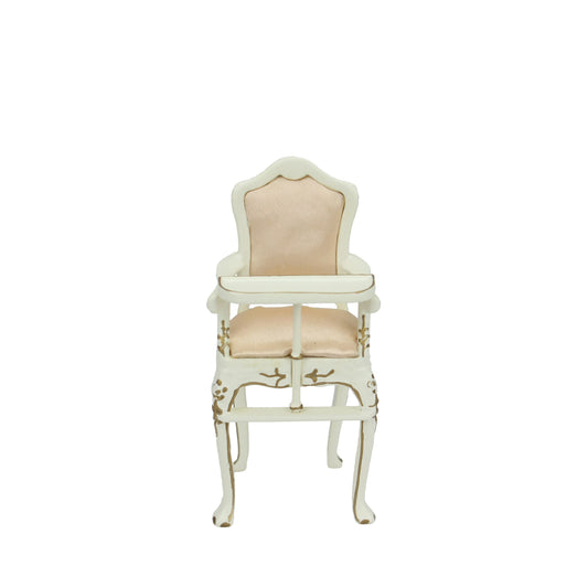 Silla de comedor de madera blanca para bebé, escala 1:12, con tela color albaricoque, muebles de casa de muñecas en miniatura para sala de juegos.
