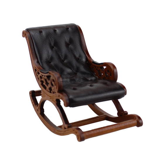 1:12 Scale Miniature Wooden Walnut Leather Rocking Chair Dollhouse Furniture Hand Carved