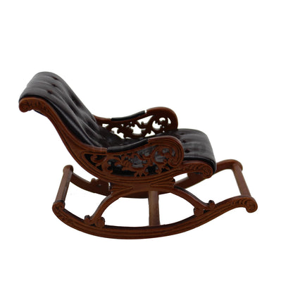1:12 Scale Miniature Wooden Walnut Leather Rocking Chair Dollhouse Furniture Hand Carved