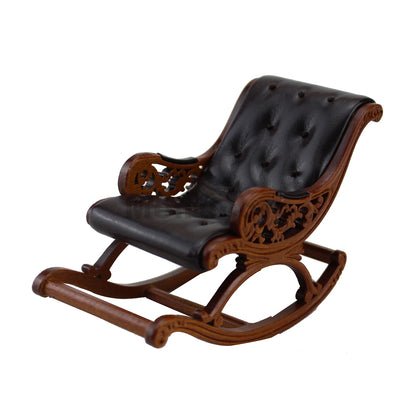 1:12 Scale Miniature Wooden Walnut Leather Rocking Chair Dollhouse Furniture Hand Carved