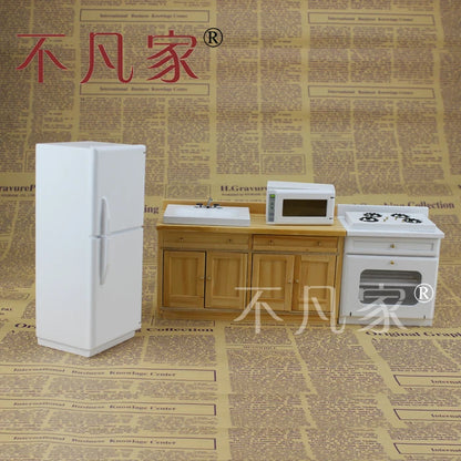 Juego de cocina para casa de muñecas a escala 1:12: refrigerador en miniatura, banco de cocina, microondas y muebles para horno.