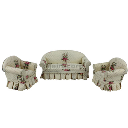 Conjunto de muebles en miniatura para casa de muñecas a escala 1:12: sofá y sillas de tela de 3 piezas para decorar la sala de estar.