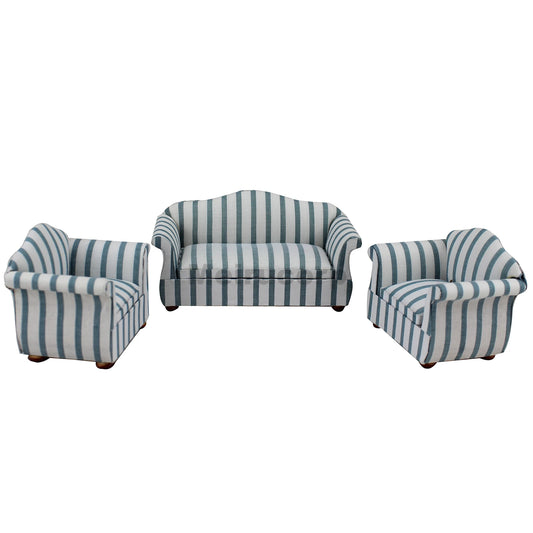 Conjunto de muebles para casa de muñecas a escala 1:12: sofá y sillón a rayas, accesorios para sala de estar (3 piezas)