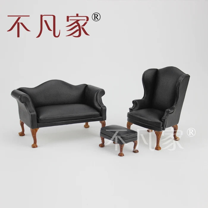 Juego de sillas en miniatura de PU negro talladas a mano a escala 1:12 para muebles de casa de muñecas.