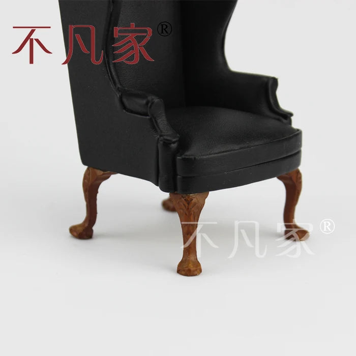 Juego de sillas en miniatura de PU negro talladas a mano a escala 1:12 para muebles de casa de muñecas.
