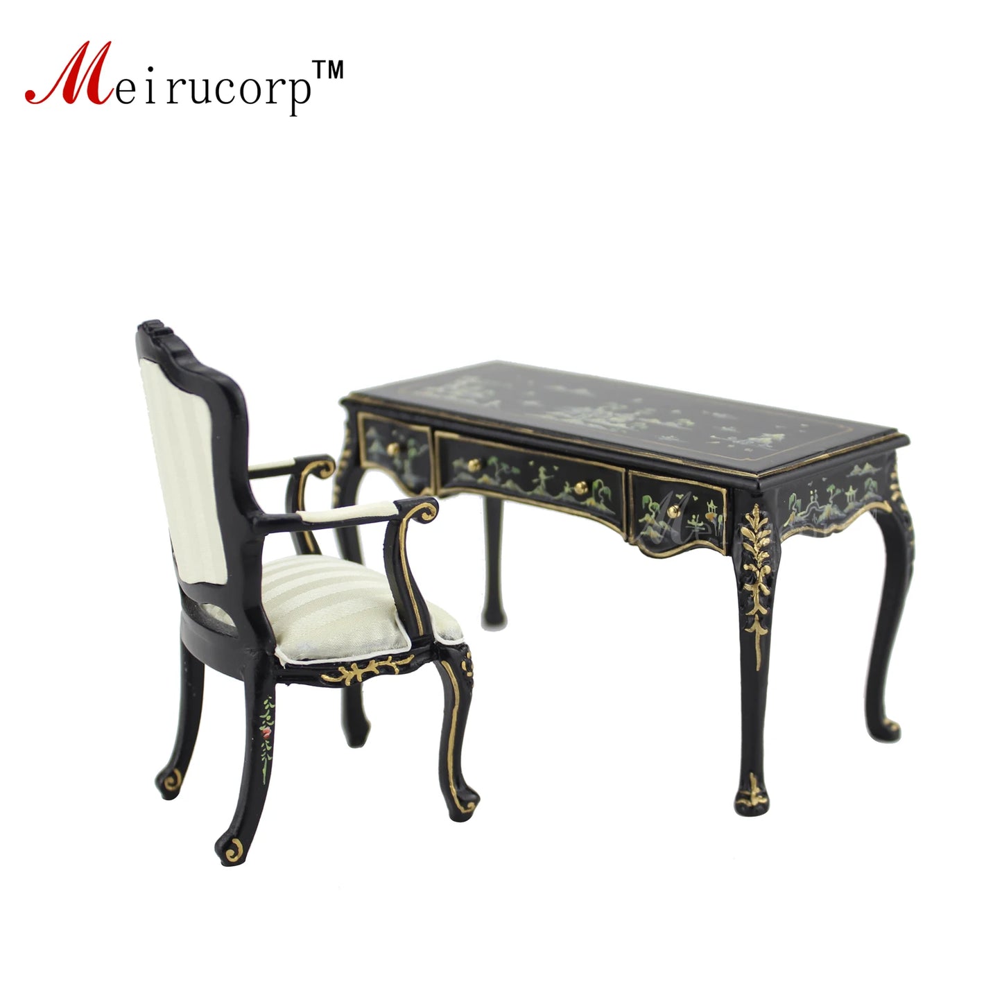 Conjunto de muebles para casa de muñecas en miniatura a escala 1:12: Escritorio y silla con paisaje pintados a mano