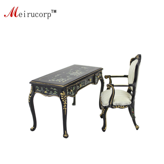 Conjunto de muebles para casa de muñecas en miniatura a escala 1:12: Escritorio y silla con paisaje pintados a mano