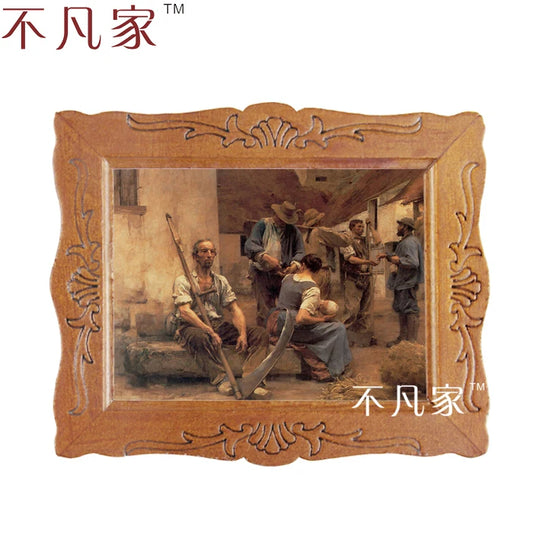 Pintura al óleo rústica en miniatura a escala 1:12 con marco ornamentado para decoración de casas de muñecas y accesorios de decoración del hogar.
