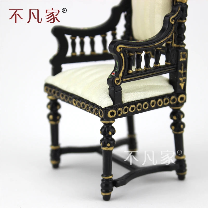 Silla miniatura a escala 1:12, pintada a mano en negro, mueble para casa de muñecas, decoración para sala de estar